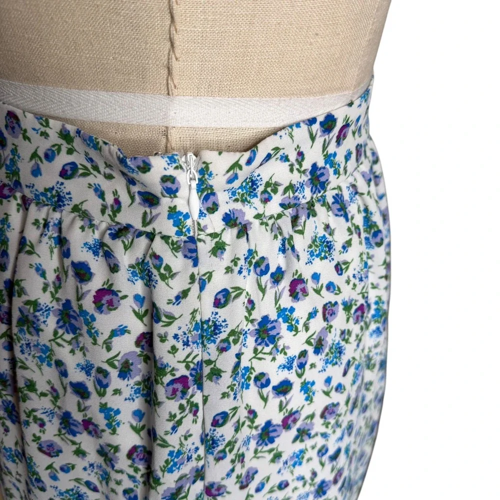 H HALSTON Floral Midi Skirt White Blue Ditsy Print Ruffle Women's Size XS Preppy